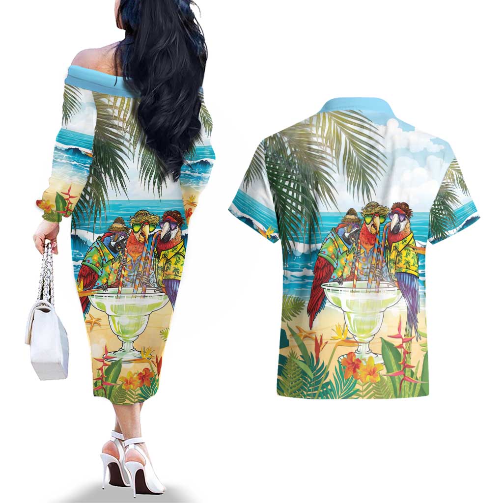 It's 5 o'clock Somewhere Couples Matching Off The Shoulder Long Sleeve Dress and Hawaiian Shirt Beach Party - Wonder Print Shop