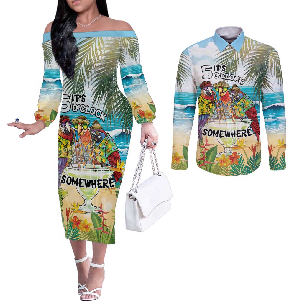 It's 5 o'clock Somewhere Couples Matching Off The Shoulder Long Sleeve Dress and Long Sleeve Button Shirt Beach Party - Wonder Print Shop