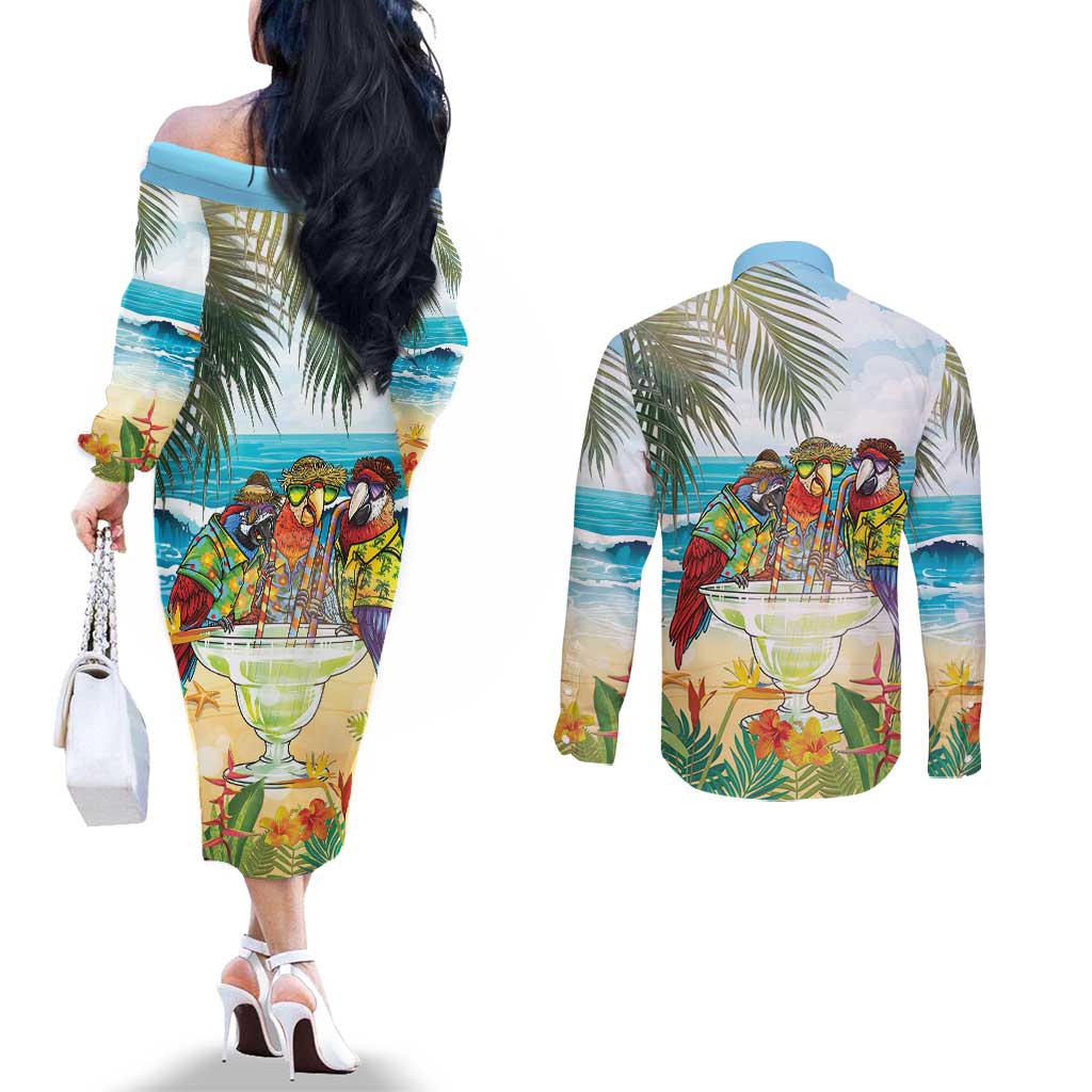 It's 5 o'clock Somewhere Couples Matching Off The Shoulder Long Sleeve Dress and Long Sleeve Button Shirt Beach Party - Wonder Print Shop