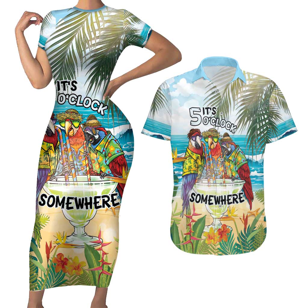 It's 5 o'clock Somewhere Couples Matching Short Sleeve Bodycon Dress and Hawaiian Shirt Beach Party - Wonder Print Shop