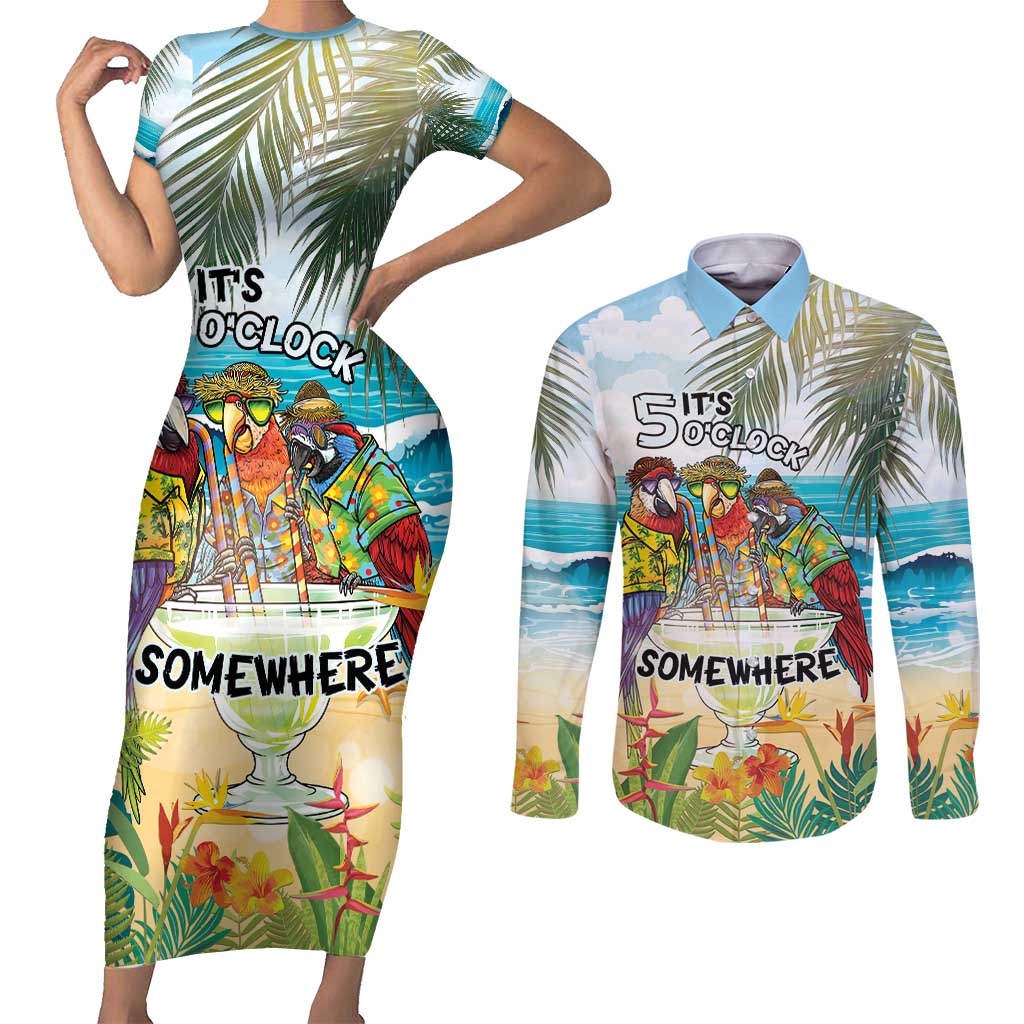 It's 5 o'clock Somewhere Couples Matching Short Sleeve Bodycon Dress and Long Sleeve Button Shirt Beach Party - Wonder Print Shop