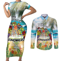 It's 5 o'clock Somewhere Couples Matching Short Sleeve Bodycon Dress and Long Sleeve Button Shirt Beach Party - Wonder Print Shop
