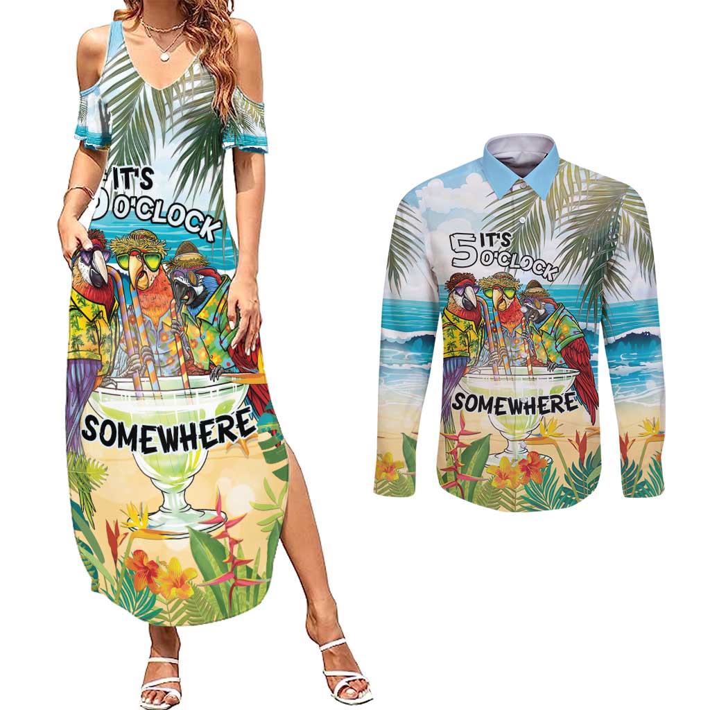 It's 5 o'clock Somewhere Couples Matching Summer Maxi Dress and Long Sleeve Button Shirt Beach Party - Wonder Print Shop
