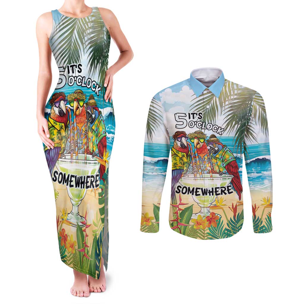 It's 5 o'clock Somewhere Couples Matching Tank Maxi Dress and Long Sleeve Button Shirt Beach Party - Wonder Print Shop