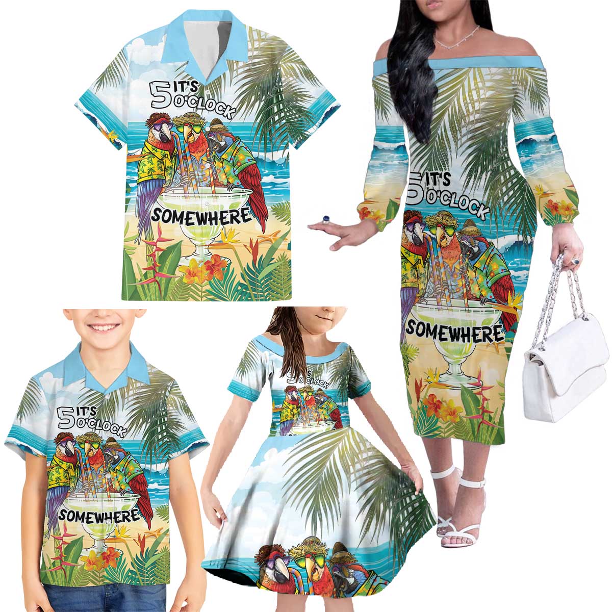 It's 5 o'clock Somewhere Family Matching Off The Shoulder Long Sleeve Dress and Hawaiian Shirt Beach Party - Wonder Print Shop