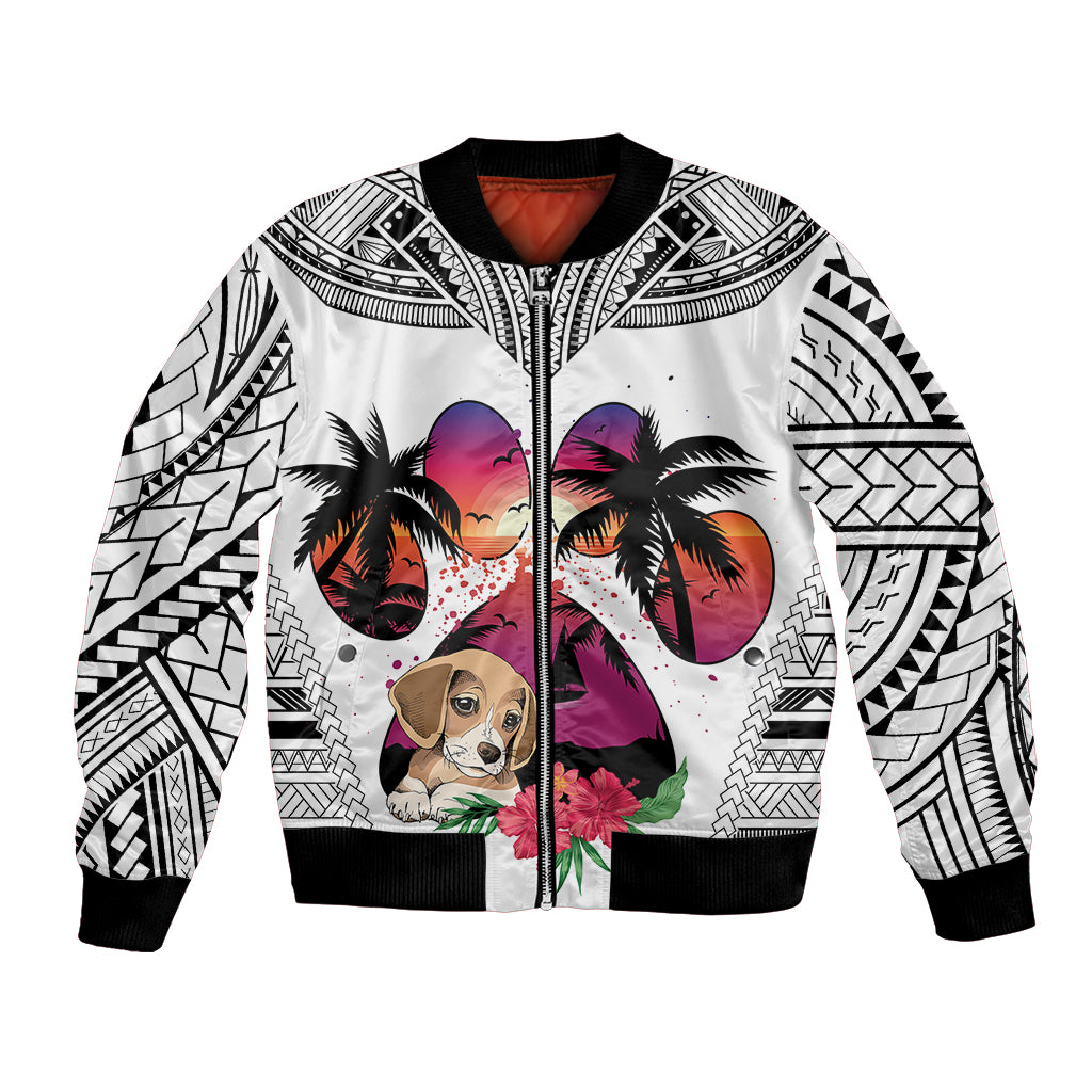 Polynesian Bomber Jacket Dog Lover With Beagle - Sunset At The Beach White Ver LT7 - Wonder Print Shop