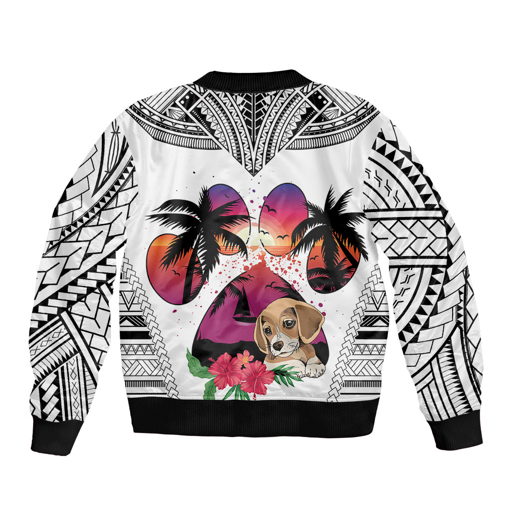 Polynesian Bomber Jacket Dog Lover With Beagle - Sunset At The Beach White Ver LT7 - Wonder Print Shop