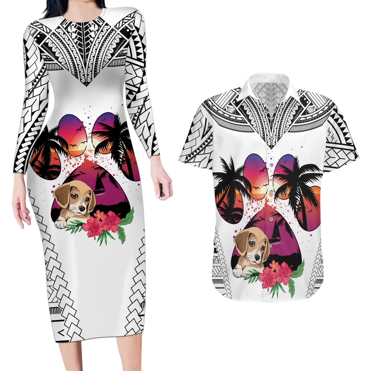 Polynesian Couples Matching Long Sleeve Bodycon Dress and Hawaiian Shirt Dog Lover With Beagle - Sunset At The Beach White Ver LT7 - Wonder Print Shop