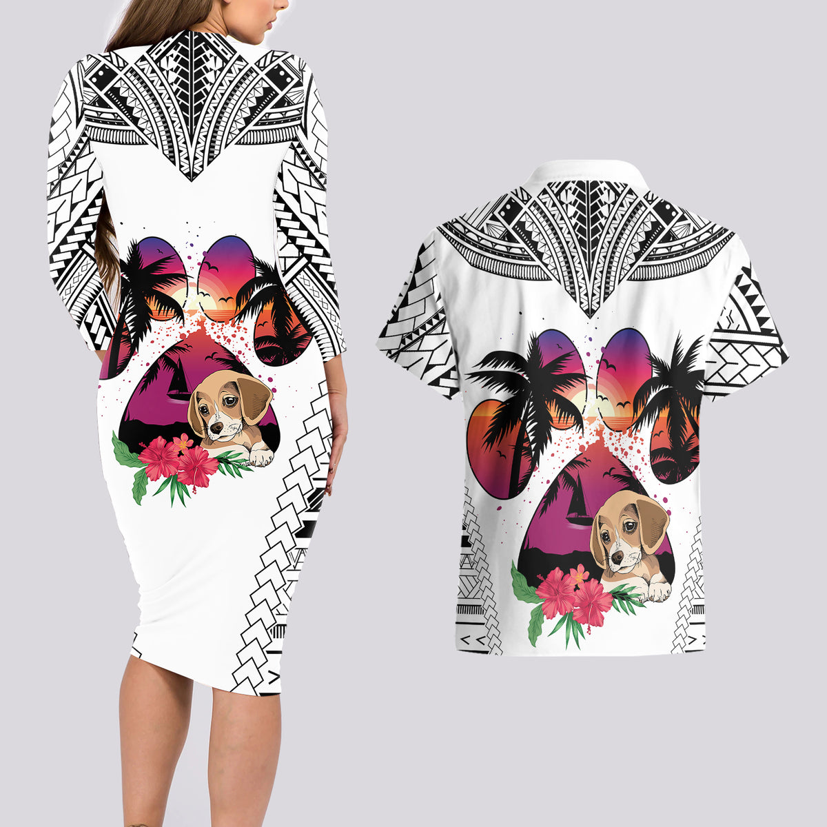 Polynesian Couples Matching Long Sleeve Bodycon Dress and Hawaiian Shirt Dog Lover With Beagle - Sunset At The Beach White Ver LT7 - Wonder Print Shop