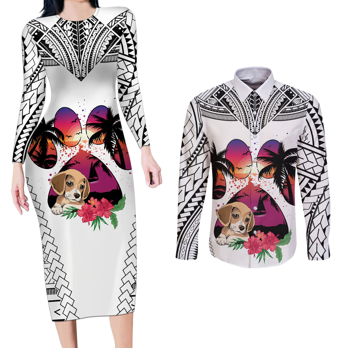 Polynesian Couples Matching Long Sleeve Bodycon Dress and Long Sleeve Button Shirts Dog Lover With Beagle - Sunset At The Beach White Ver LT7 - Wonder Print Shop
