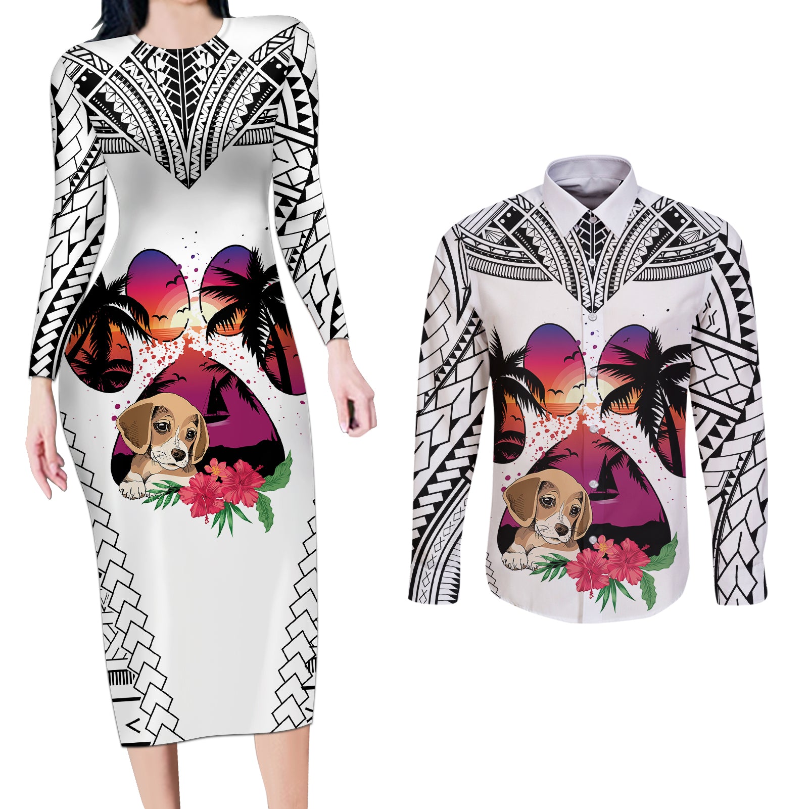 Polynesian Couples Matching Long Sleeve Bodycon Dress and Long Sleeve Button Shirts Dog Lover With Beagle - Sunset At The Beach White Ver LT7 - Wonder Print Shop