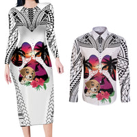 Polynesian Couples Matching Long Sleeve Bodycon Dress and Long Sleeve Button Shirts Dog Lover With Beagle - Sunset At The Beach White Ver LT7 - Wonder Print Shop