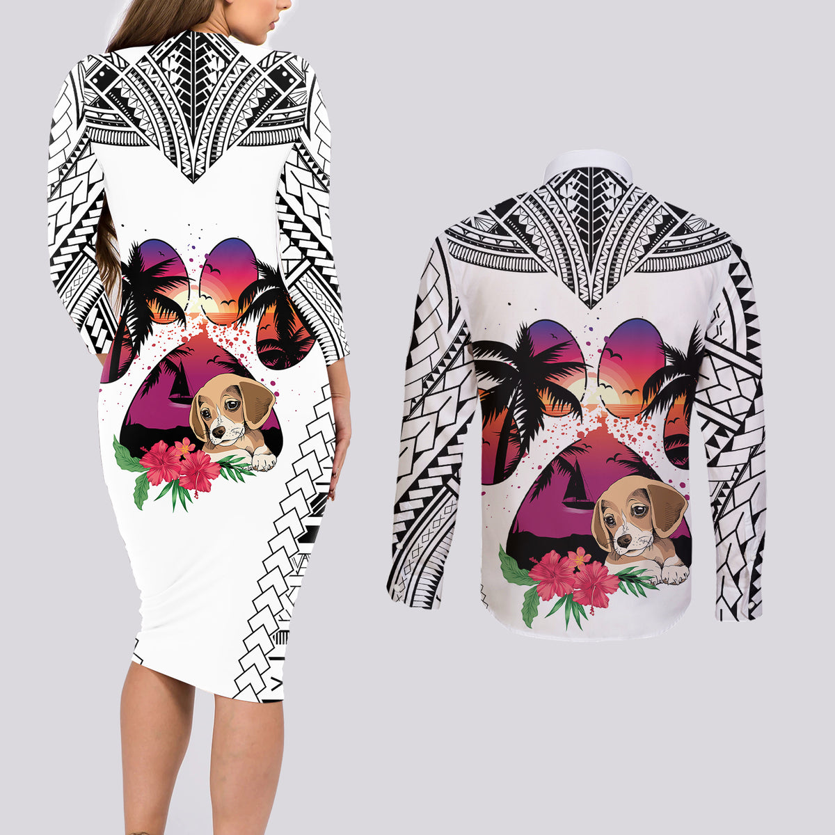 Polynesian Couples Matching Long Sleeve Bodycon Dress and Long Sleeve Button Shirts Dog Lover With Beagle - Sunset At The Beach White Ver LT7 - Wonder Print Shop