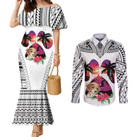 polynesian-couples-matching-mermaid-dress-and-long-sleeve-button-shirts-dog-lover-with-beagle-sunset-at-the-beach-white-ver