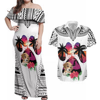 Polynesian Couples Matching Off Shoulder Maxi Dress and Hawaiian Shirt Dog Lover With Beagle - Sunset At The Beach White Ver LT7 - Wonder Print Shop