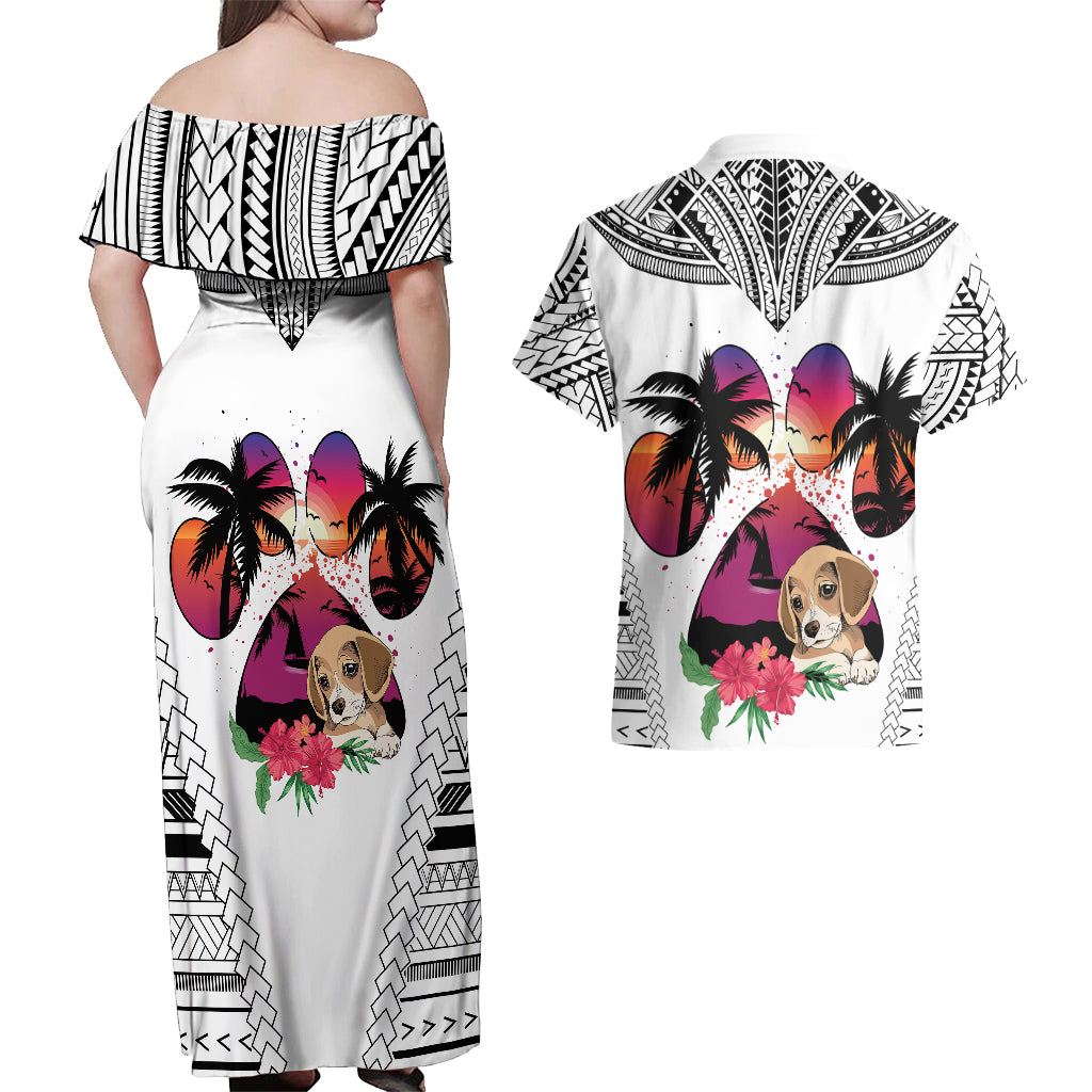 Polynesian Couples Matching Off Shoulder Maxi Dress and Hawaiian Shirt Dog Lover With Beagle - Sunset At The Beach White Ver LT7 - Wonder Print Shop