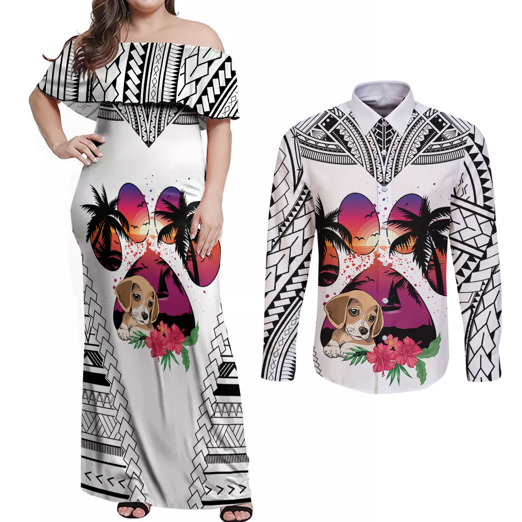 Polynesian Couples Matching Off Shoulder Maxi Dress and Long Sleeve Button Shirts Dog Lover With Beagle - Sunset At The Beach White Ver LT7 - Wonder Print Shop