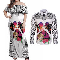 Polynesian Couples Matching Off Shoulder Maxi Dress and Long Sleeve Button Shirts Dog Lover With Beagle - Sunset At The Beach White Ver LT7 - Wonder Print Shop
