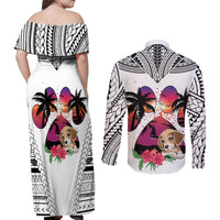 Polynesian Couples Matching Off Shoulder Maxi Dress and Long Sleeve Button Shirts Dog Lover With Beagle - Sunset At The Beach White Ver LT7 - Wonder Print Shop