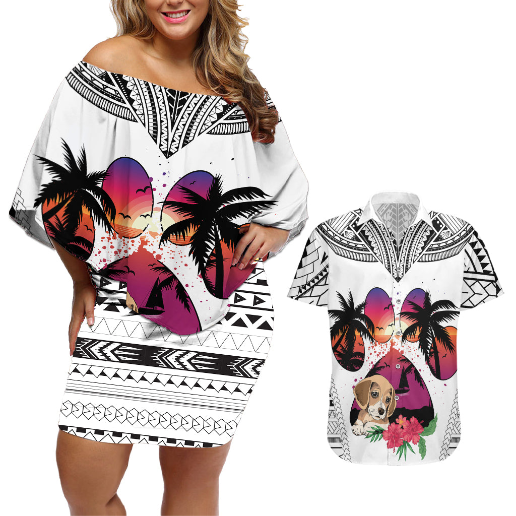 Polynesian Couples Matching Off Shoulder Short Dress and Hawaiian Shirt Dog Lover With Beagle - Sunset At The Beach White Ver LT7 - Wonder Print Shop
