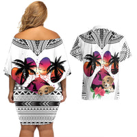 Polynesian Couples Matching Off Shoulder Short Dress and Hawaiian Shirt Dog Lover With Beagle - Sunset At The Beach White Ver LT7 - Wonder Print Shop