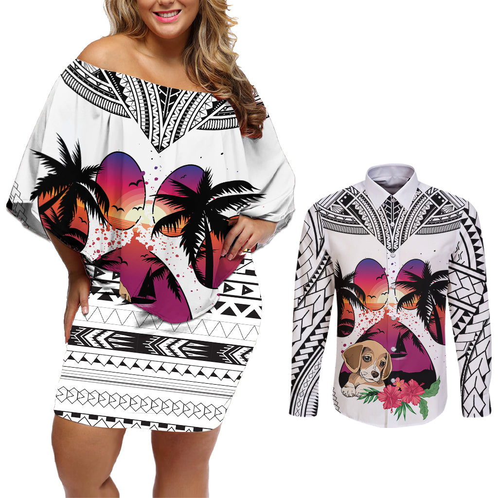 Polynesian Couples Matching Off Shoulder Short Dress and Long Sleeve Button Shirts Dog Lover With Beagle - Sunset At The Beach White Ver LT7 - Wonder Print Shop