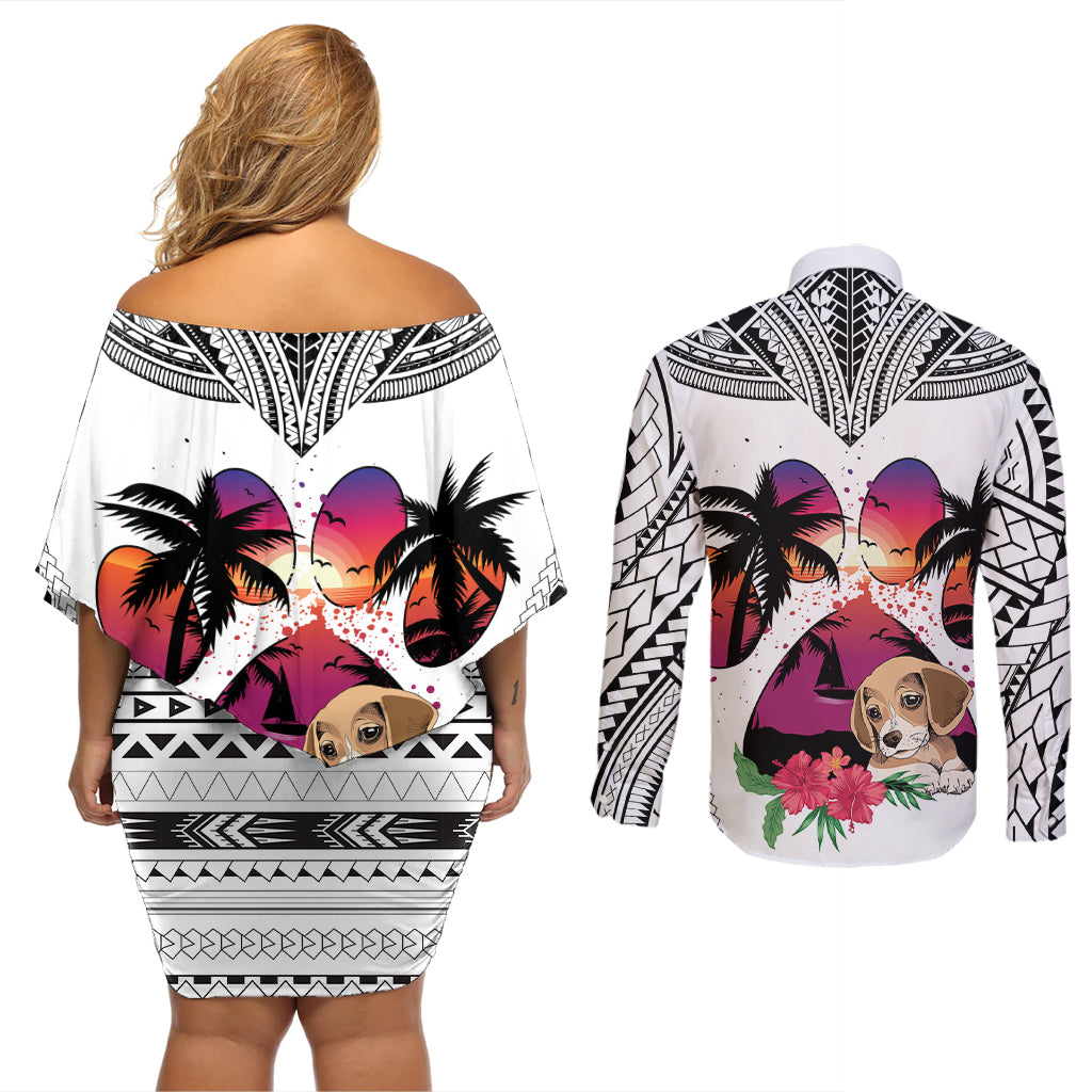 Polynesian Couples Matching Off Shoulder Short Dress and Long Sleeve Button Shirts Dog Lover With Beagle - Sunset At The Beach White Ver LT7 - Wonder Print Shop