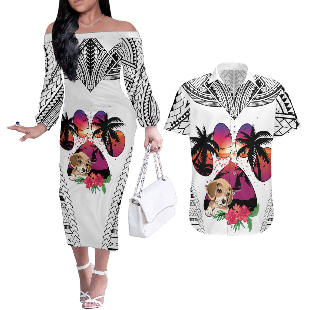 Polynesian Couples Matching Off The Shoulder Long Sleeve Dress and Hawaiian Shirt Dog Lover With Beagle - Sunset At The Beach White Ver LT7 - Wonder Print Shop