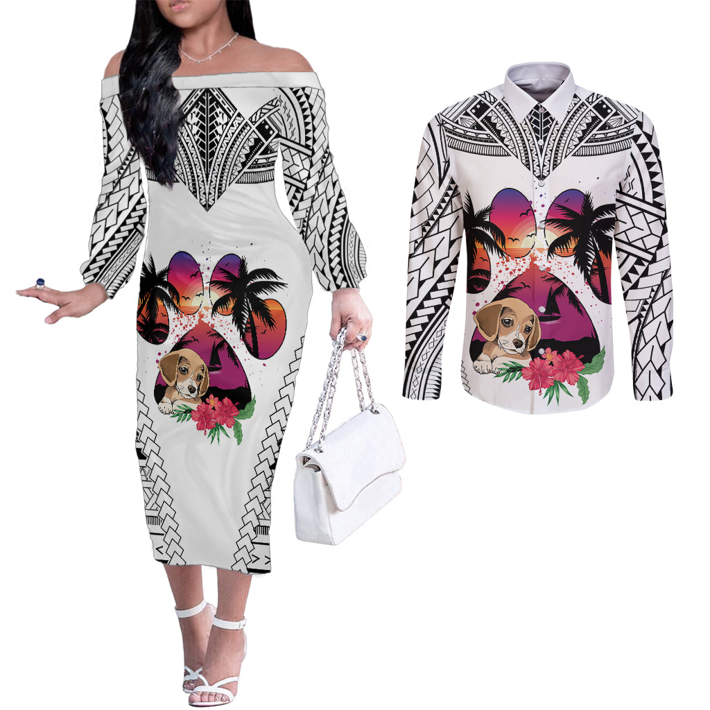 polynesian-couples-matching-off-the-shoulder-long-sleeve-dress-and-long-sleeve-button-shirts-dog-lover-with-beagle-sunset-at-the-beach-white-ver