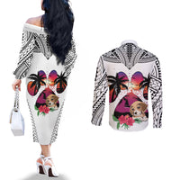polynesian-couples-matching-off-the-shoulder-long-sleeve-dress-and-long-sleeve-button-shirts-dog-lover-with-beagle-sunset-at-the-beach-white-ver
