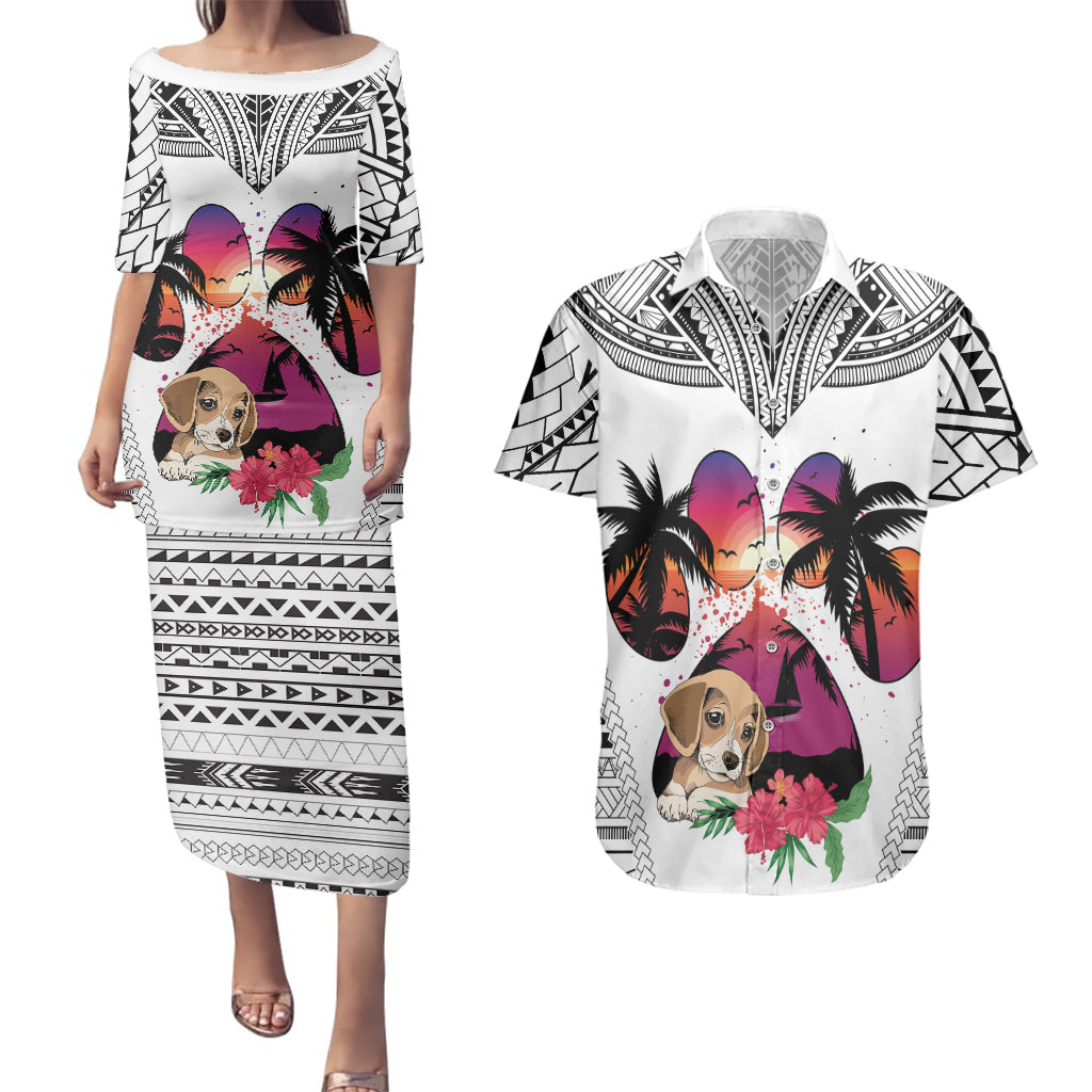 Polynesian Couples Matching Puletasi Dress and Hawaiian Shirt Dog Lover With Beagle - Sunset At The Beach White Ver LT7 - Wonder Print Shop