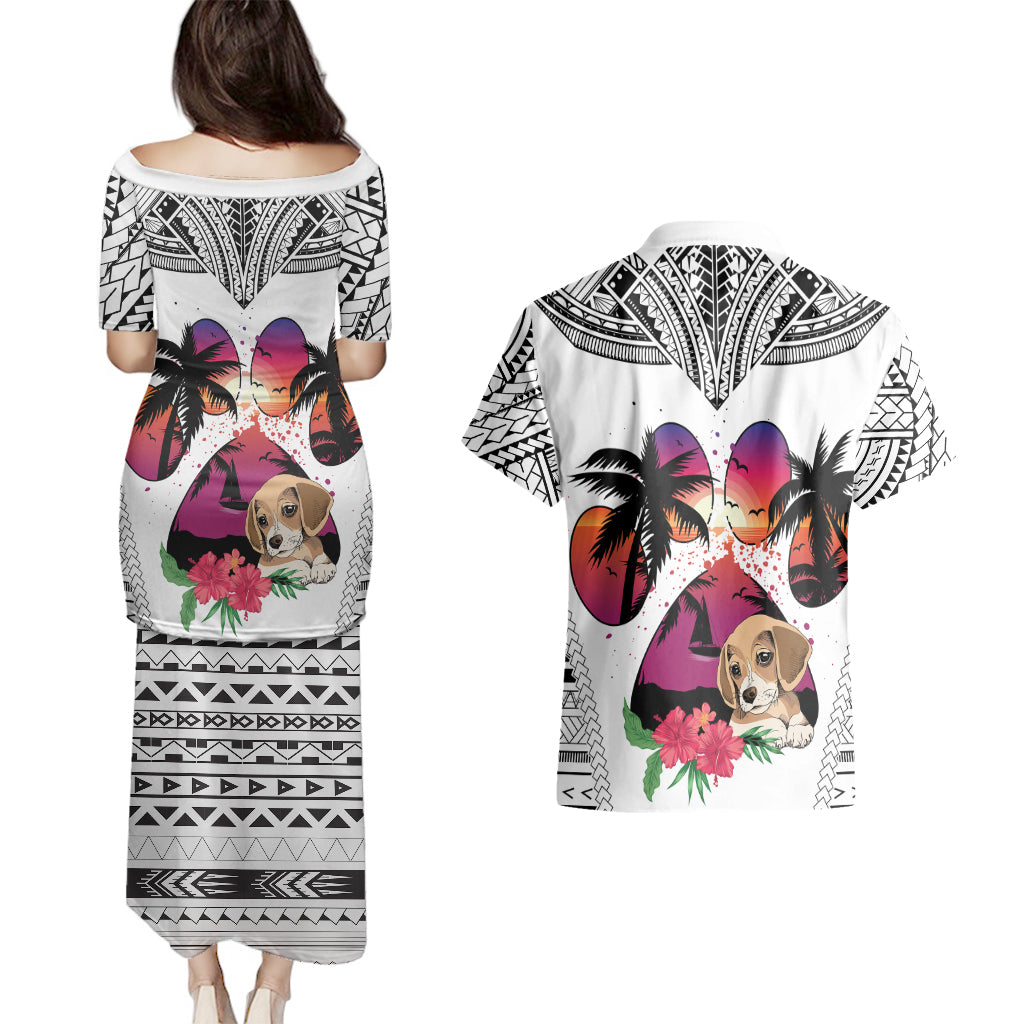 Polynesian Couples Matching Puletasi Dress and Hawaiian Shirt Dog Lover With Beagle - Sunset At The Beach White Ver LT7 - Wonder Print Shop