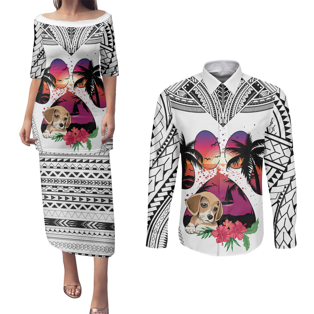 Polynesian Couples Matching Puletasi Dress and Long Sleeve Button Shirts Dog Lover With Beagle - Sunset At The Beach White Ver LT7 - Wonder Print Shop