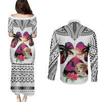 Polynesian Couples Matching Puletasi Dress and Long Sleeve Button Shirts Dog Lover With Beagle - Sunset At The Beach White Ver LT7 - Wonder Print Shop