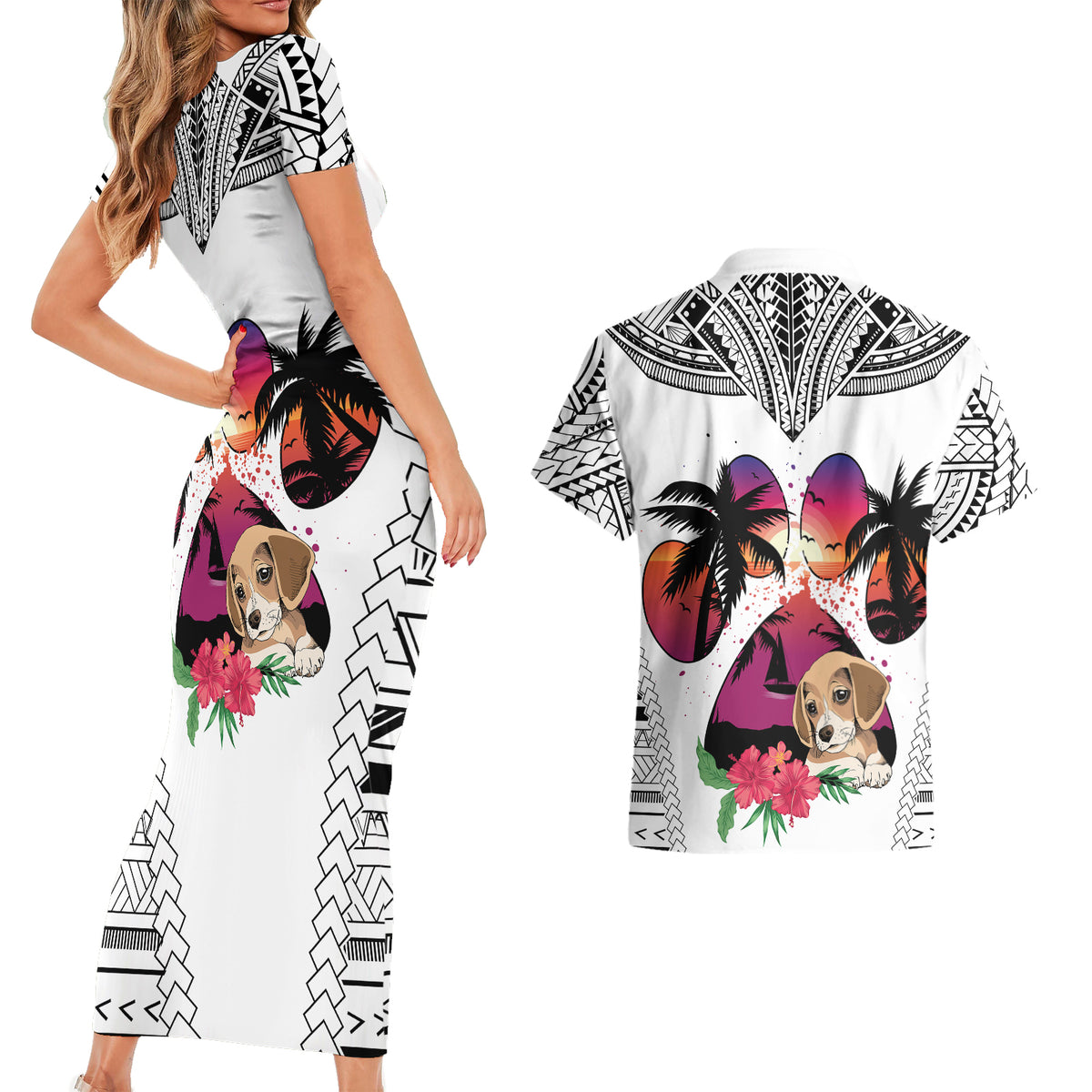 Polynesian Couples Matching Short Sleeve Bodycon Dress and Hawaiian Shirt Dog Lover With Beagle - Sunset At The Beach White Ver LT7 - Wonder Print Shop