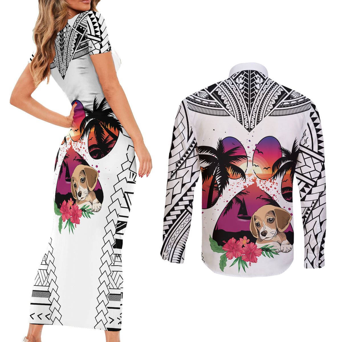 Polynesian Couples Matching Short Sleeve Bodycon Dress and Long Sleeve Button Shirts Dog Lover With Beagle - Sunset At The Beach White Ver LT7 - Wonder Print Shop
