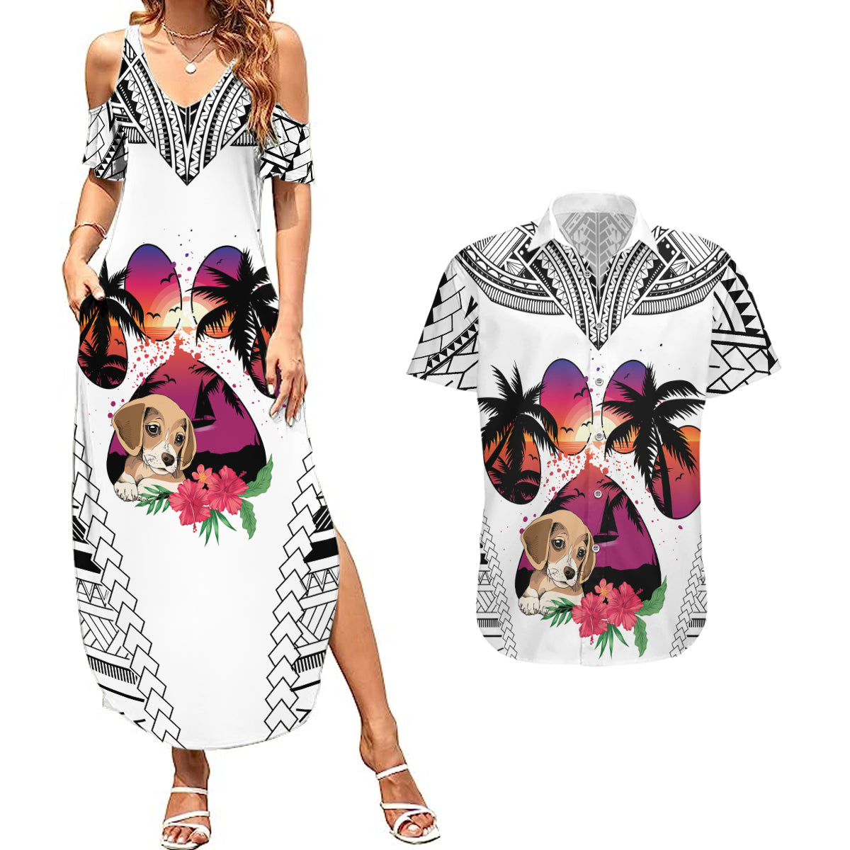 Polynesian Couples Matching Summer Maxi Dress and Hawaiian Shirt Dog Lover With Beagle - Sunset At The Beach White Ver LT7 - Wonder Print Shop