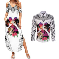 Polynesian Couples Matching Summer Maxi Dress and Long Sleeve Button Shirts Dog Lover With Beagle - Sunset At The Beach White Ver LT7 - Wonder Print Shop