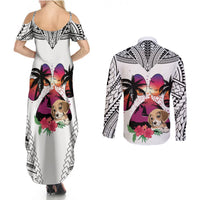 Polynesian Couples Matching Summer Maxi Dress and Long Sleeve Button Shirts Dog Lover With Beagle - Sunset At The Beach White Ver LT7 - Wonder Print Shop