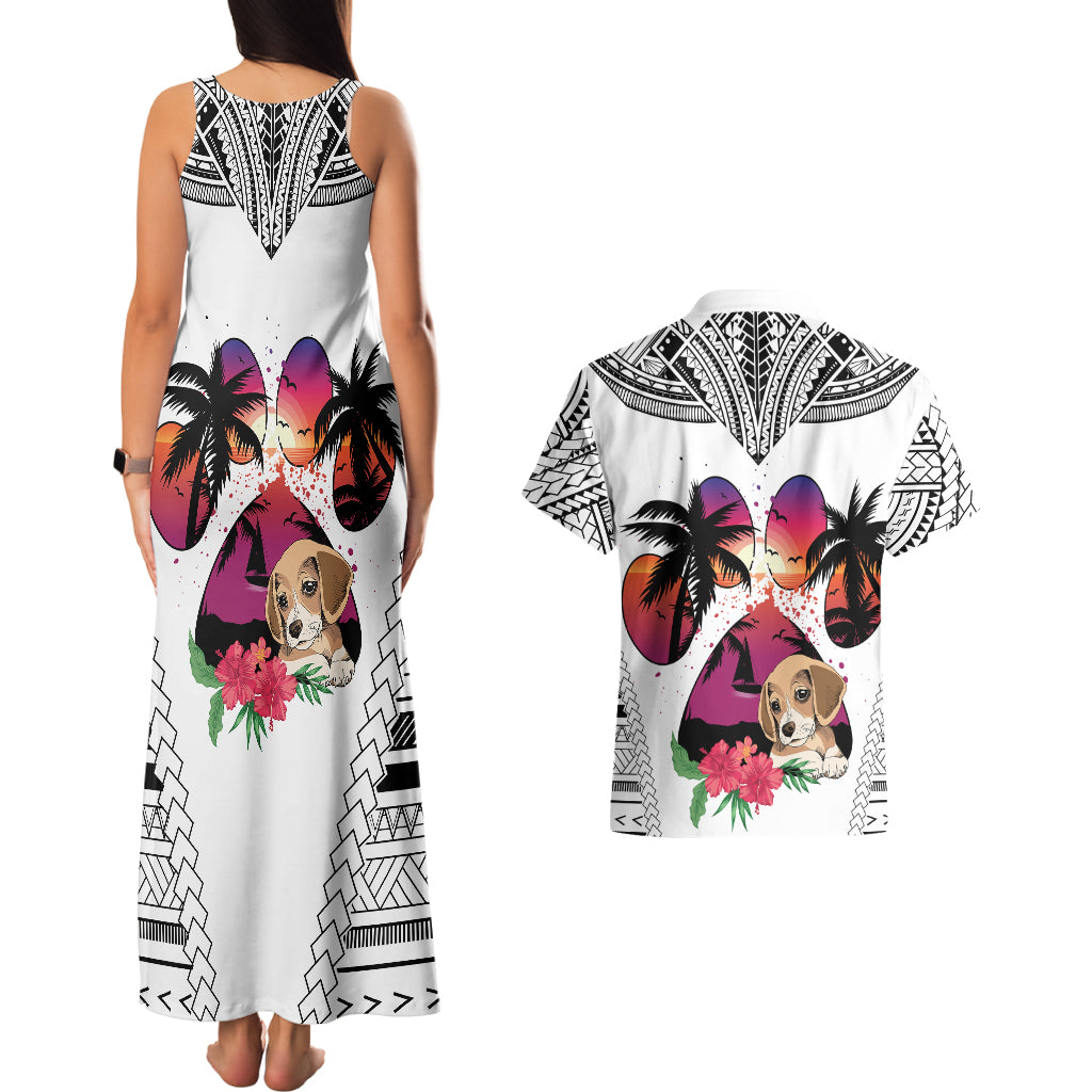 Polynesian Couples Matching Tank Maxi Dress and Hawaiian Shirt Dog Lover With Beagle - Sunset At The Beach White Ver LT7 - Wonder Print Shop
