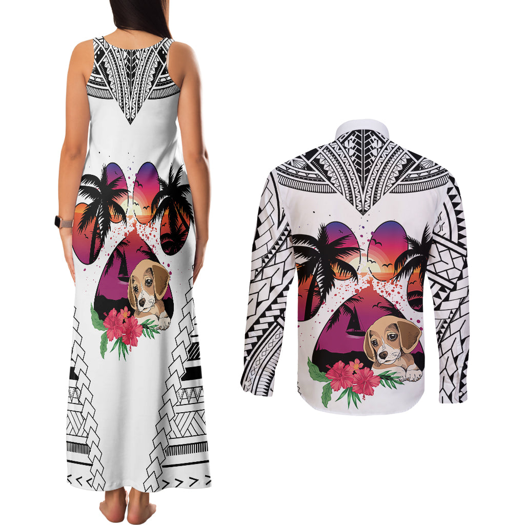 Polynesian Couples Matching Tank Maxi Dress and Long Sleeve Button Shirts Dog Lover With Beagle - Sunset At The Beach White Ver LT7 - Wonder Print Shop