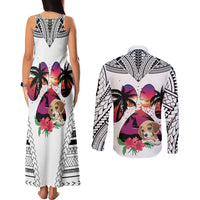 Polynesian Couples Matching Tank Maxi Dress and Long Sleeve Button Shirts Dog Lover With Beagle - Sunset At The Beach White Ver LT7 - Wonder Print Shop