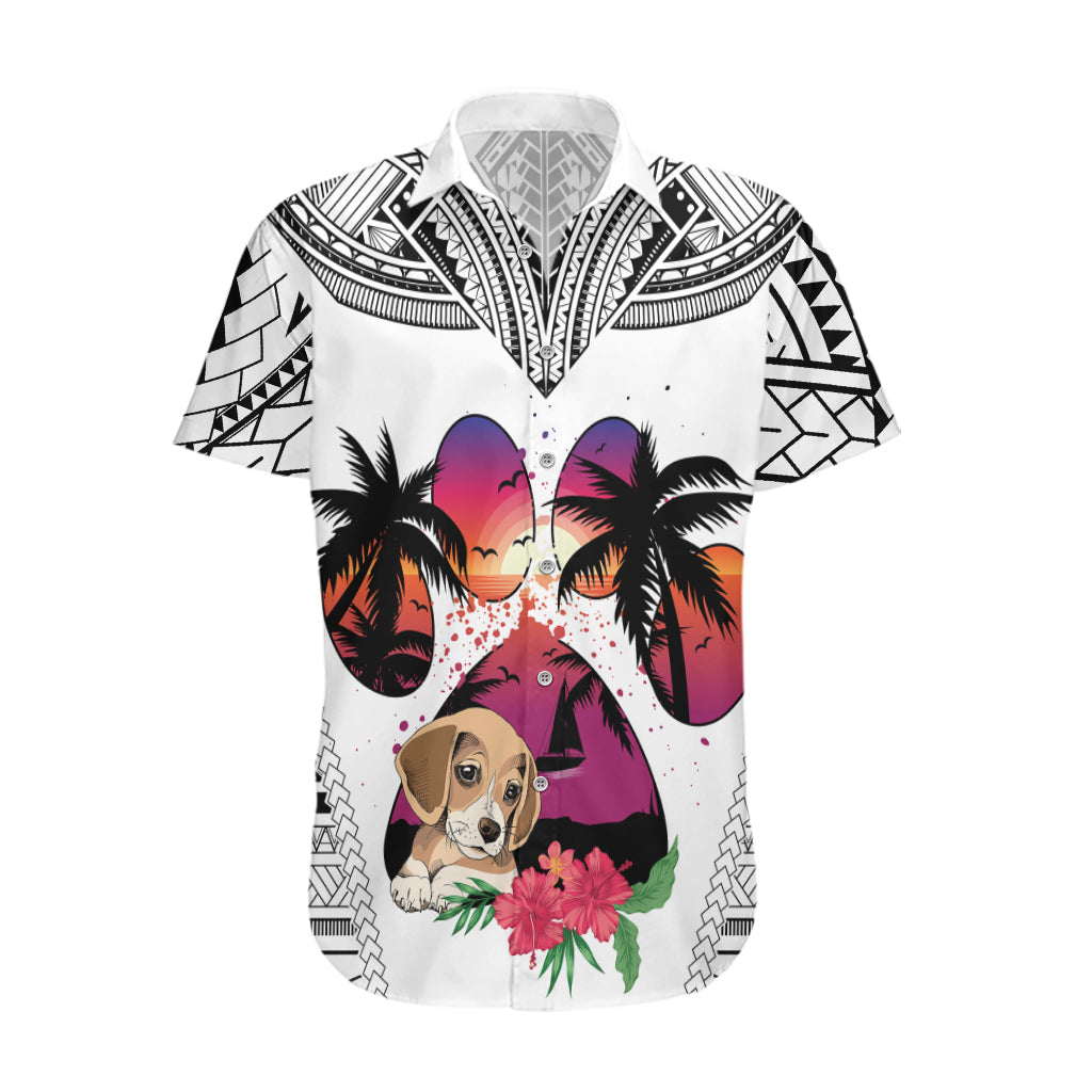 Polynesian Hawaiian Shirt Dog Lover With Beagle - Sunset At The Beach White Ver - Wonder Print Shop