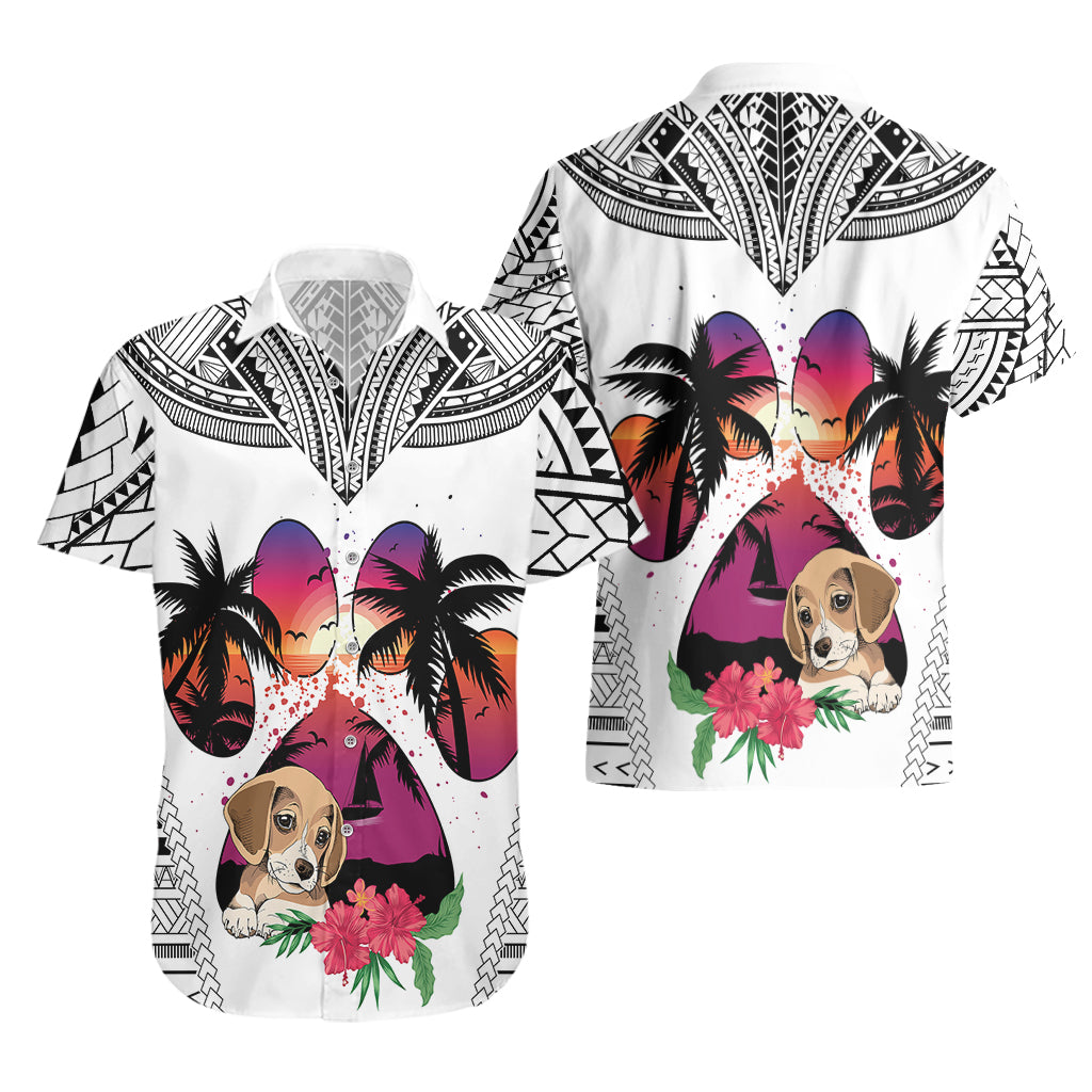 Polynesian Hawaiian Shirt Dog Lover With Beagle - Sunset At The Beach White Ver - Wonder Print Shop