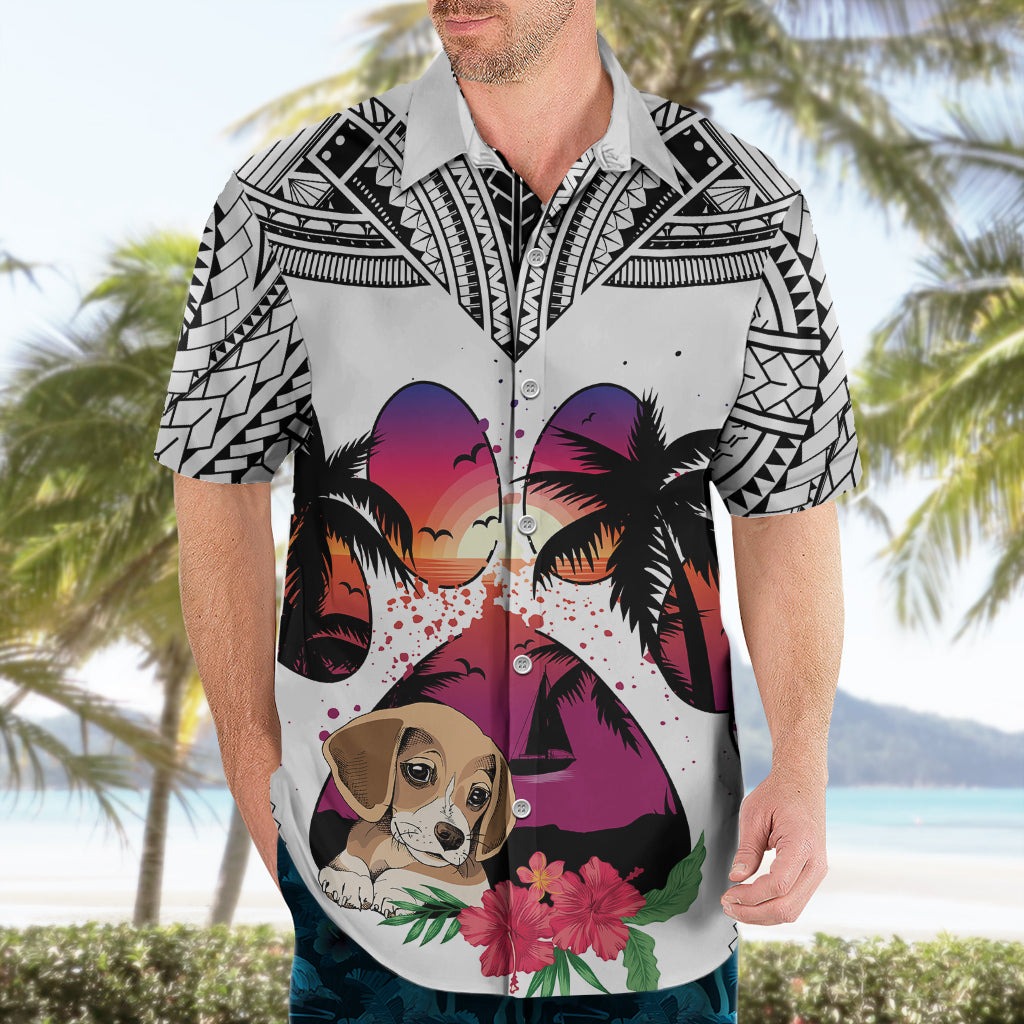Polynesian Hawaiian Shirt Dog Lover With Beagle - Sunset At The Beach White Ver - Wonder Print Shop