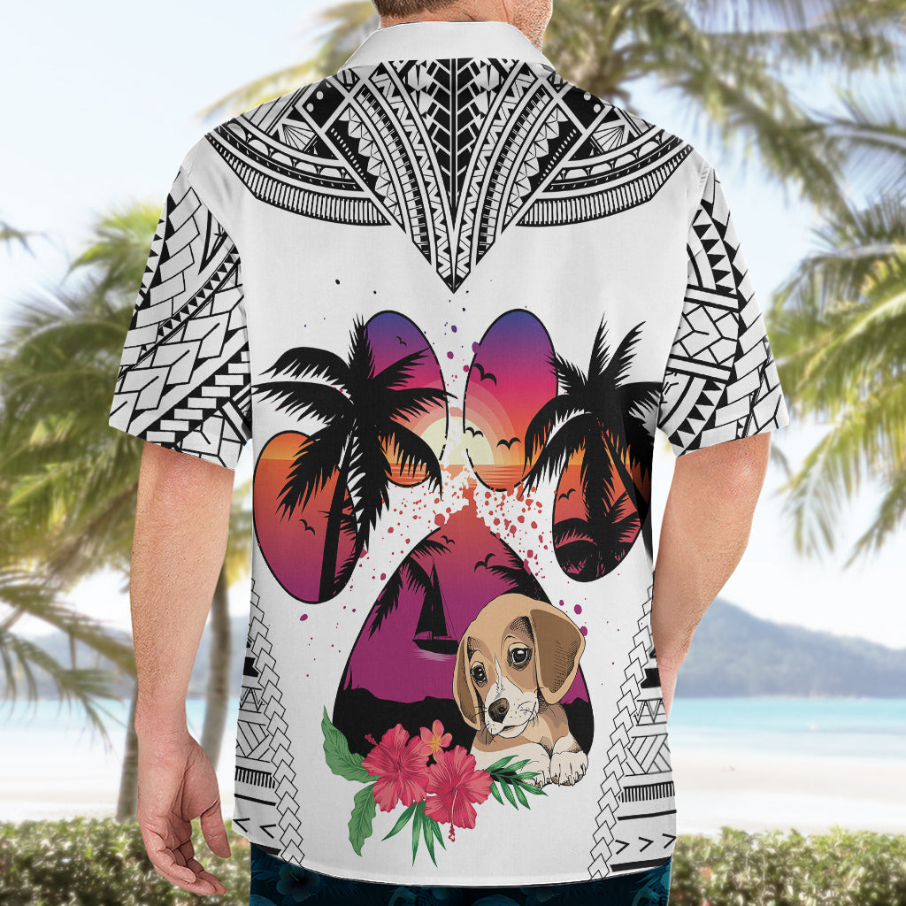 Polynesian Hawaiian Shirt Dog Lover With Beagle - Sunset At The Beach White Ver - Wonder Print Shop