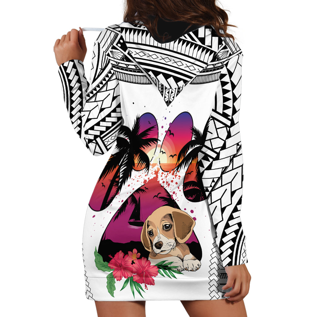 Polynesian Hoodie Dress Dog Lover With Beagle - Sunset At The Beach White Ver - Wonder Print Shop
