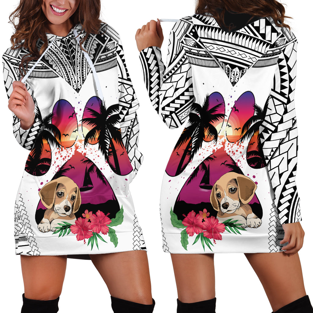 Polynesian Hoodie Dress Dog Lover With Beagle - Sunset At The Beach White Ver - Wonder Print Shop