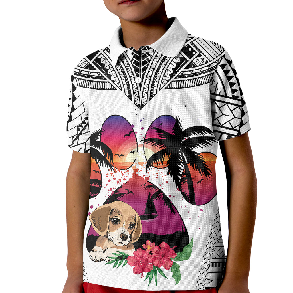 Polynesian Kid Polo Shirt Dog Lover With Beagle - Sunset At The Beach White Ver - Wonder Print Shop