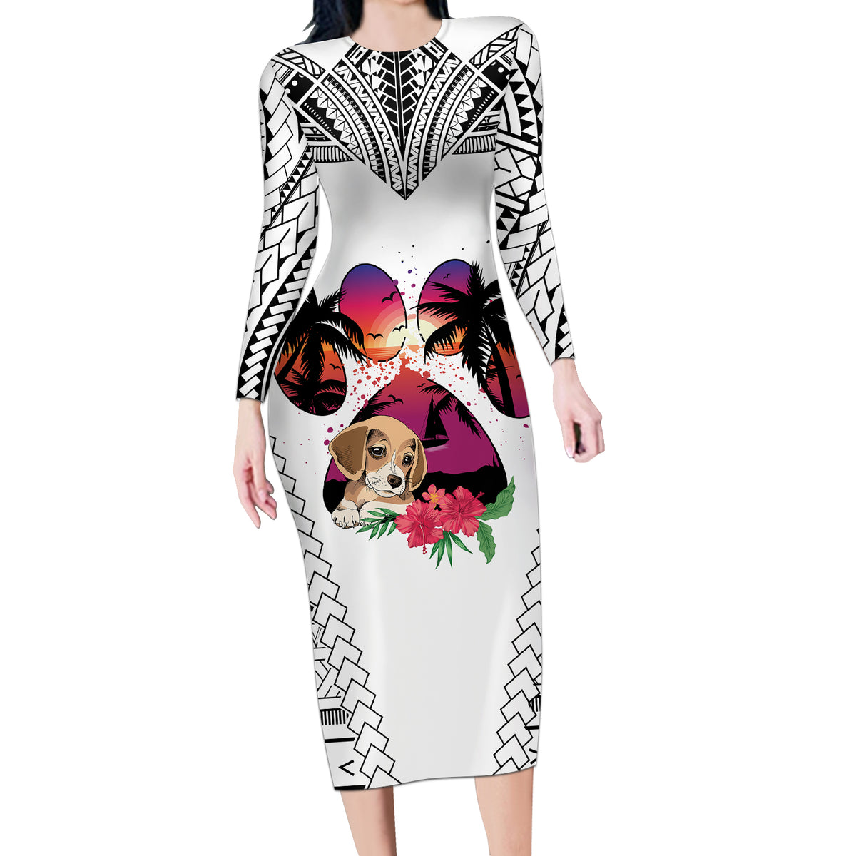 Polynesian Long Sleeve Bodycon Dress Dog Lover With Beagle - Sunset At The Beach White Ver - Wonder Print Shop